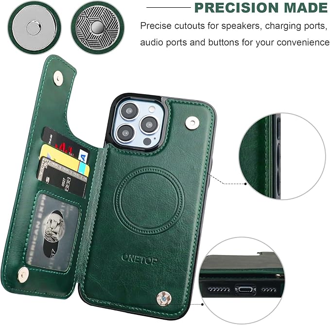 ONETOP Compatible with Magsafe for iPhone 13 Pro Max Wallet Case with Card Holder, PU Leather Kickstand RFID Blocking Case, Double Magnetic Clasp and Durable Shockproof Cover 6.7 Inch (Green)