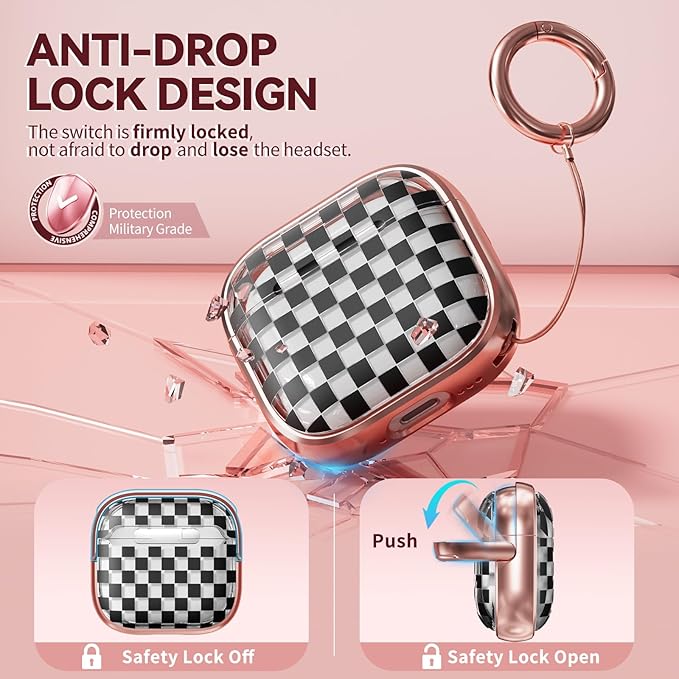 Inesore with Safety Lock for AirPods 4 Case,Clear Floral Cute AirPod 4th Generation Case for Women Girly with Cleaner Kit and Keychain- Gold Checkerboard