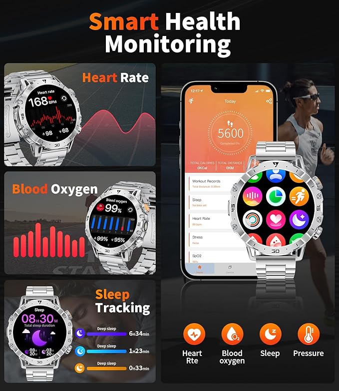 LIGE Smart Watches for Men 1000mAh Battery/LED Flashlight/3 Straps, 1.7" Ultra HD Screen Outdoor Smartwatch with 111 Sports Modes, Bluetooth Call 5ATM Waterproof Fitness Tracker Android iOS,Sliver