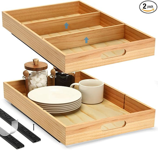 2 PCS Wood Pull Out Cabinet Organizers with Removable Dividers, 14''W x 21''D Nail-free Sliding Drawers with Adhesive Tape, Roll Out Shelves for Kitchen, Pantry, Office (Wood)