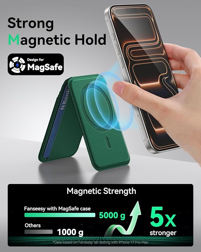for MagSafe Wallet with Stand, 5 Card Holder, Slim Leather Magnetic Wallet for iPhone 17/16/15/14/13/12 Pro Max Plus Air Series, 3 Card Slots & 1 Cash Slot,Green