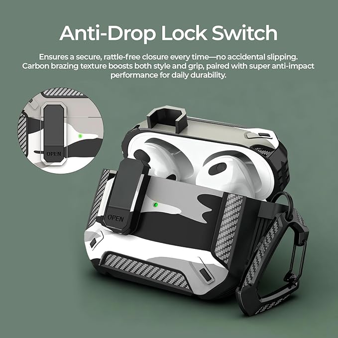 for AirPods Pro 3 Case, Secure Lock Cases Cover with Carabiner Compatible with Airpods Pro 3rd Generation Case, Full Body Shockproof Protective AirPod Case for Men Women (Snow Camo)