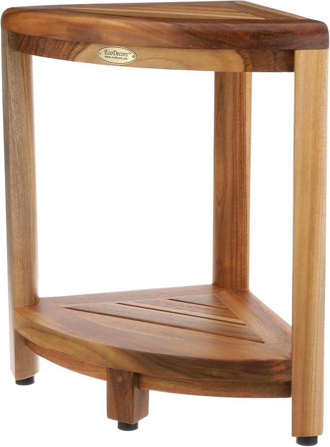 EcoDecors Fully Assembled SnazzyCorner® 18" Teak Shower Bench, Corner Shower Stool, w Shelf in Earthy Teak Finish, Compact Fit for Small Bathrooms & Walk-in Showers – Slip-Resistant Feet, Sauna Bench