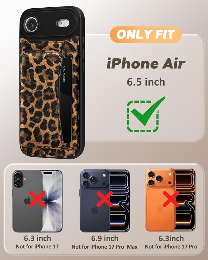 for iPhone 17 Air Case with Wallet - Fits 4 Card Slots, Compatible with MagSafe for Women Aesthetic Durable PU Leather Credit Card Holder Kickstand Phone Cover for Apple 17 Air, Leopard Print