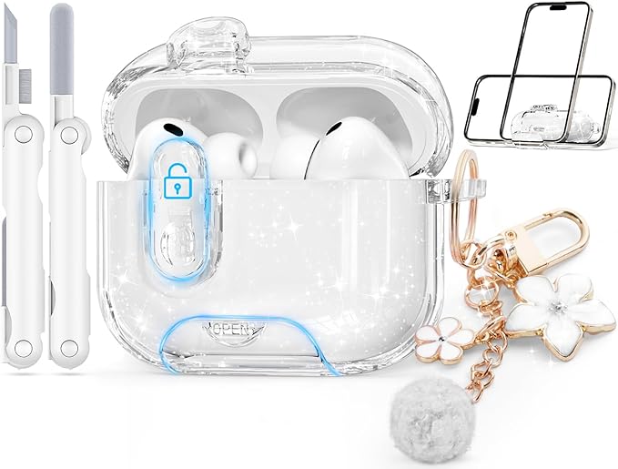Clear Case for AirPods Pro 3 Case Cover with Safety Lock,Soft TPU Cover with Phone Stand & Cleaning Kit,Cute Bling Keychain for Women Girls-Glitter White