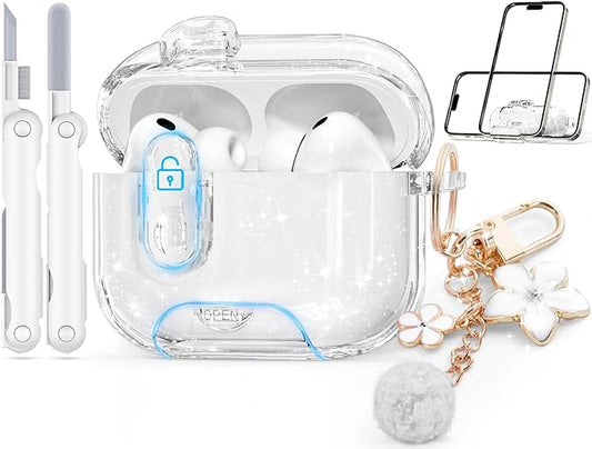 Clear Case for AirPods Pro 3 Case Cover with Safety Lock,Soft TPU Cover with Phone Stand & Cleaning Kit,Cute Bling Keychain for Women Girls-Glitter White