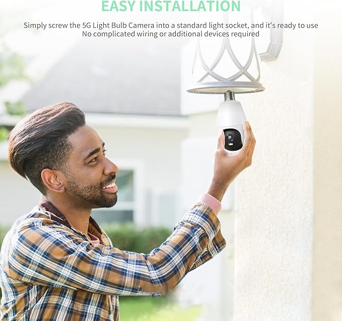 2K HD WiFi Light Socket Security Camera, 5G/2.4G Dual Band, Weatherproof, Auto Tracking, Full Color Outdoor Home Security Light Bulb Camera