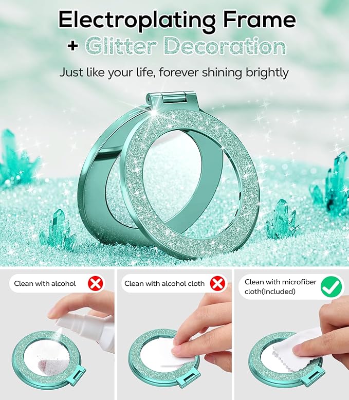 Upgraded Magnetic Phone Ring Stand Built in Mirror for Magsafe, [Electroplated & Glitter], Phone Ring Holder Grip Kickstand for iPhone 17 Pro Max 16 15 14 13 12 Series for Girl Women, Teal