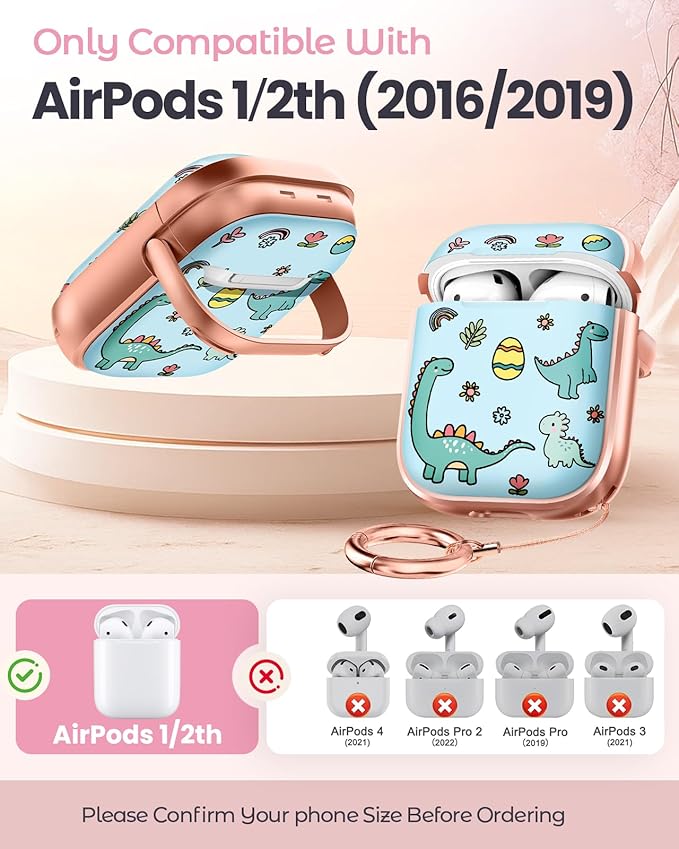 Coralogo for AirPods 2/1 Case with Safety Lock - Cute Cartoon for AirPods 1st/2nd Generation for Women Girls Fashion Stylish Dinosaur Pattern Design Kawaii Girly Girlish Hard Protective Cover