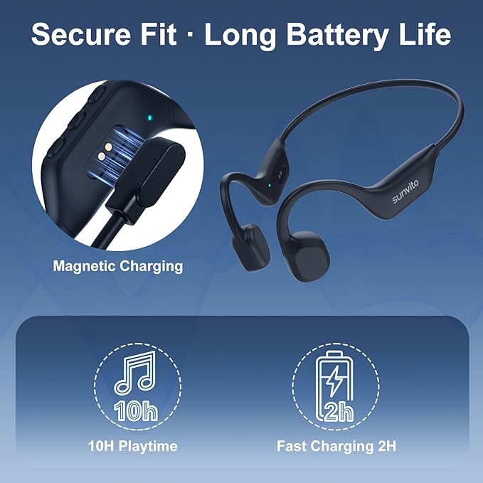 sunvito Bone Conduction Headphones, Open-Ear Bluetooth Wireless Sport Headphones, Ipx6 Waterproof Lightweight Earphones with Earbuds for Running Sports, Gym, Cycling, Long 10H Playtime, Black
