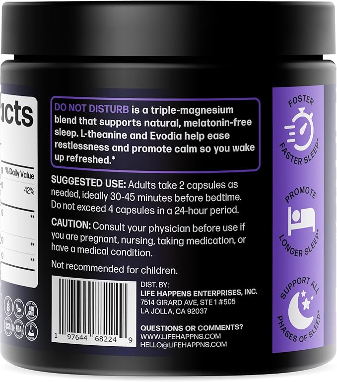 Life Happns Melatonin-Free Sleep Aid for Adults – Triple Magnesium, L-Theanine, Passionflower & Evodia for Deep, Restorative Sleep & Waking Refreshed | Non-Habit-Forming Natural Sleep Relaxation