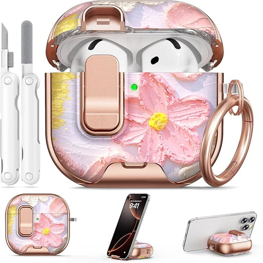 for AirPods 4 Case, with Safty Lock & Phone Stand for Floral AirPods 4th Generation Case Cover for Women Girly, iPod 4 Case with Keychain & Cleaner Kit - Oil Painting Flower