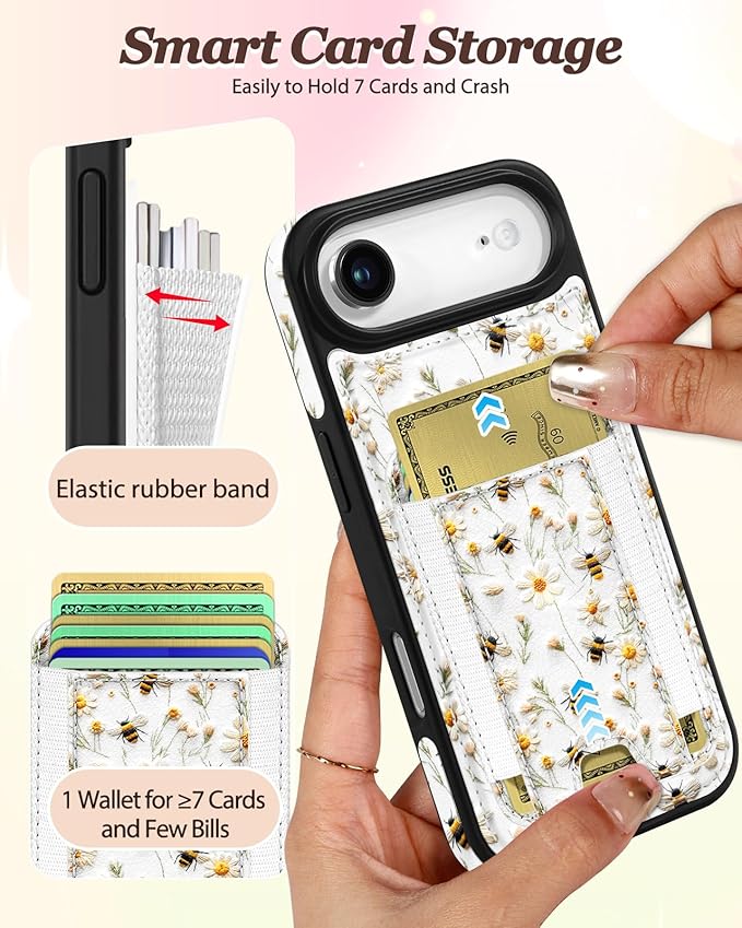 Shorogyt for iPhone Air Wallet Case - Fits 5 Cards, Compatible with Magsafe Detachable Magnetic Credit Card Holder Leather Cardholder Cute Phone Cover Women Girls for Apple 17 Air, Bee Flower