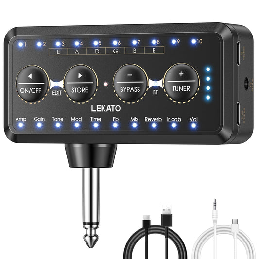 LEKATO Micro Guitar Headphone Amp Bass Guitar Headphone Amplifier with Multi Effects - Amp Models, IR Loading, Tuner, Rechargeable Electric Headphone Amplifier Delay Reverb Chorus Overdrive Portable