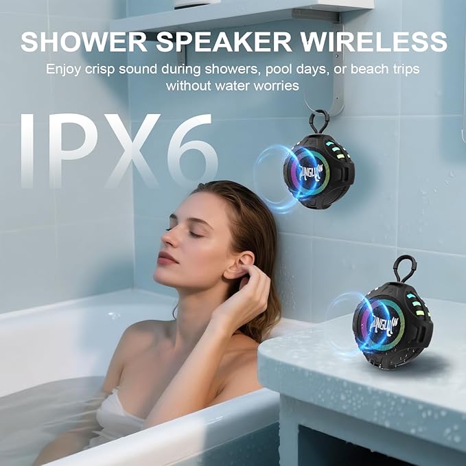 Wireless Bluetooth Speaker, Blue Tooth Portable Speaker with IPX6 Waterproof, 2500mAh Battery, TWS Pairing, RGB Light, Built in Mic, Support TF Card, USB, Unisex Gifts for Bathroom Party Home - Black