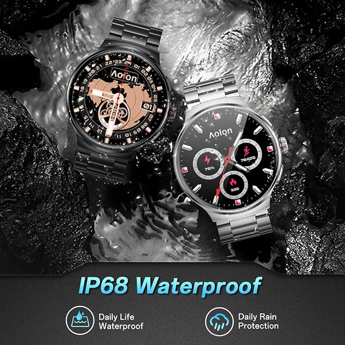 AOLON Smart Watch for Men (Answer/Make Calls), 1.43'' AMOLED Screen, 100+ Sports Modes Fitness Tracker, IP68 Waterproof, Heart Rate/SpO2/Health Monitor for Android/iOS, Stainless Steel Band, Black