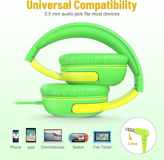 rockpapa Share 1 Kids Headphones Wired with Microphone & Share Port, 85dB/94dB Volume Limited, Cute Foldable Student Child Boys Girls Headphones for School/Classroom/Travel Green/Yellow
