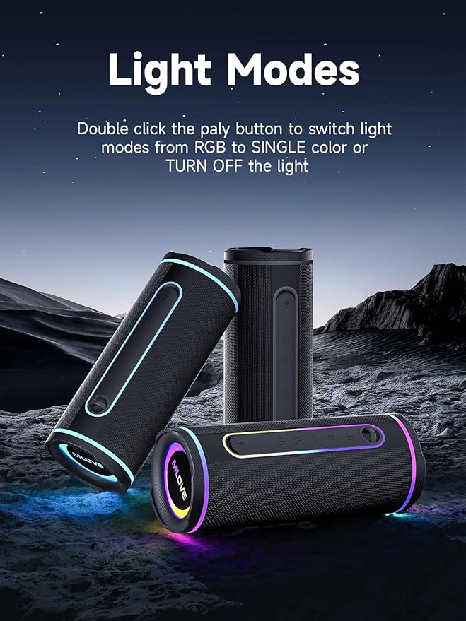 MLOVE E80 Speakers Bluetooth Wireless, Portable Bluetooth Speaker with Aux Input, Micro SD Card Slot, Bass Up, TWS, RGB Lights, IPX7 Waterproof, BT5.4 for Outdoor, Car Music, Beach, Gifts, 30W, Black