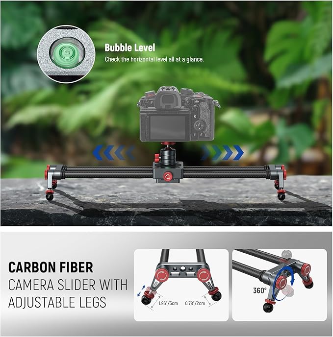 NEEWER 16in/40cm Carbon Fiber Camera Slider with 360° Ball Head/Phone Clamp/Action Camera Mount, Dolly Rail Track with 4 Bearings & Adjustable Legs, Compatible with GoPro Insta360 iPhone Android, CS1M