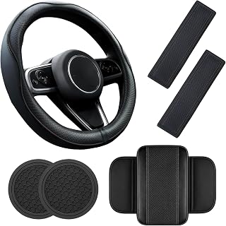 6 PCS Car Accessories Set, 14.5-15 Inch Car Steering Wheel Cover, Armrest Cover, Seat Belt Cushion, Cup Coaster, Interior Auto Accessories for Men Women, Fit for Most Vehicles (Black) - Image 1