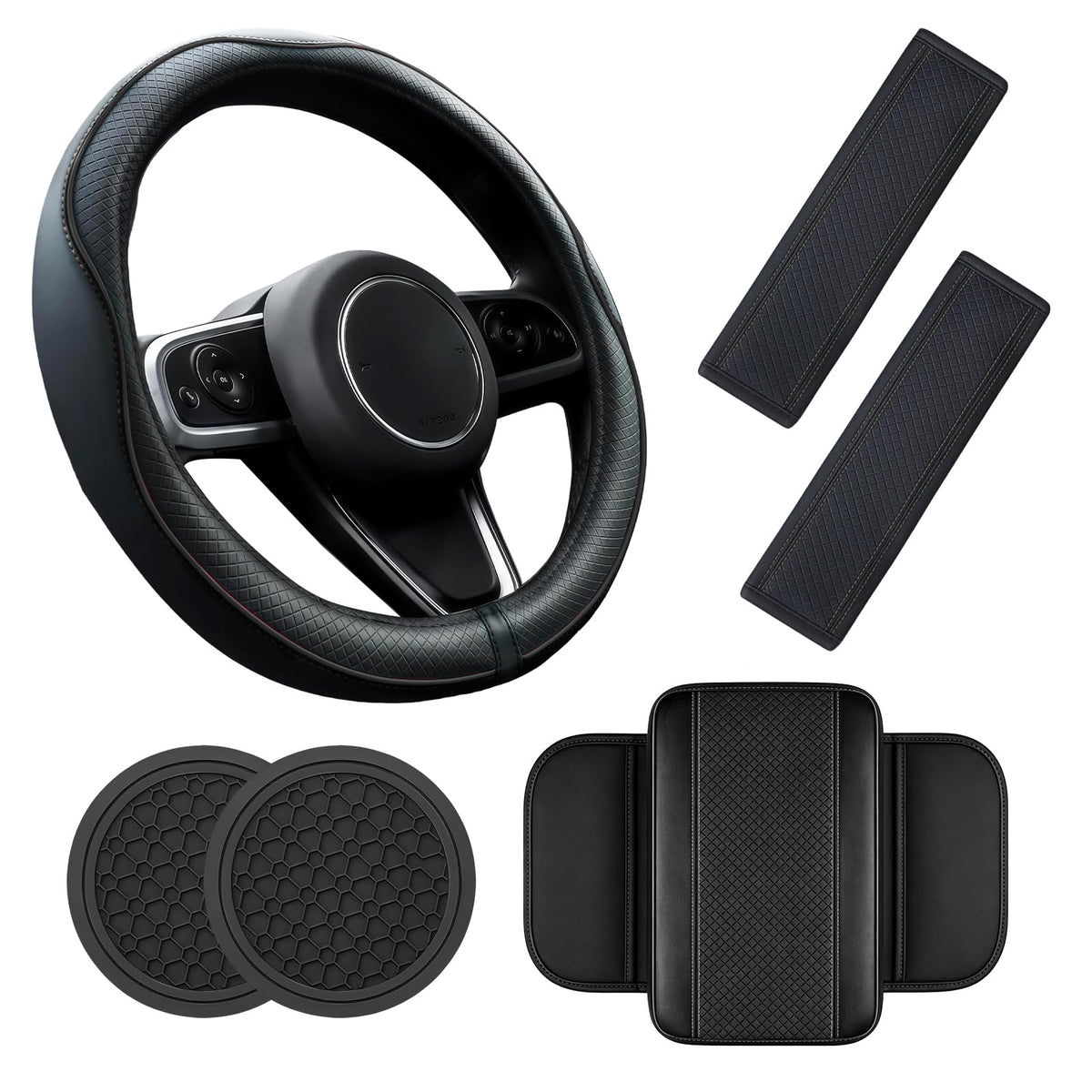 6 PCS Car Accessories Set, 14.5-15 Inch Car Steering Wheel Cover, Armrest Cover, Seat Belt Cushion, Cup Coaster, Interior Auto Accessories for Men Women, Fit for Most Vehicles (Black)