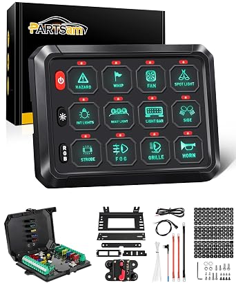 Partsam 5.5 Inch RGB 12 Gang Switch Panel, 3 Silicone Button 5 Brightness Levels Multifunction Toggle Switch Button Auxiliary Circuit Control Box Electronic Relay for Truck RV ATV UTV Boat