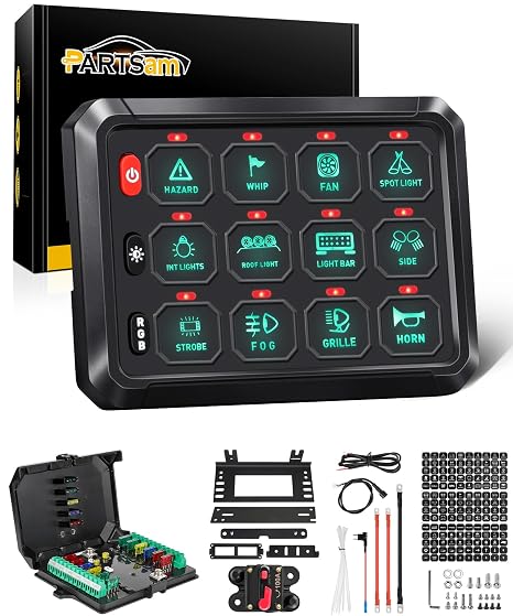 Partsam 5.5 Inch RGB 12 Gang Switch Panel, 3 Silicone Button 5 Brightness Levels Multifunction Toggle Switch Button Auxiliary Circuit Control Box Electronic Relay for Truck RV ATV UTV Boat