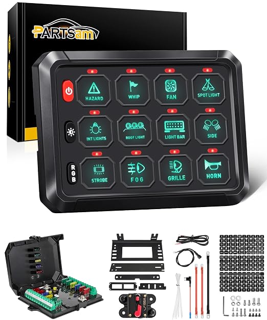 Partsam 5.5 Inch RGB 12 Gang Switch Panel, 3 Silicone Button 5 Brightness Levels Multifunction Toggle Switch Button Auxiliary Circuit Control Box Electronic Relay for Truck RV ATV UTV Boat