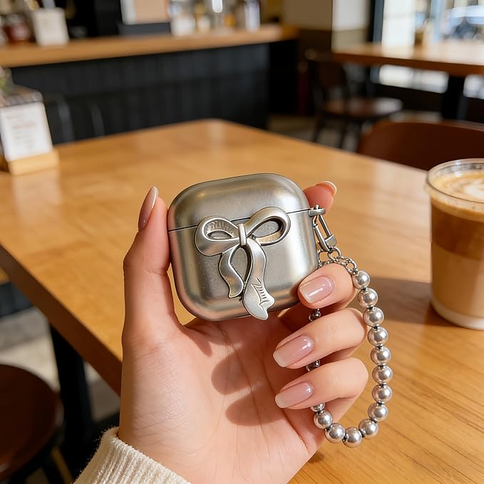 for AirPods Pro 3 Case 2025, Protective Hard Skin Cases Cover for Kawaii Girly Cute Silver Bow Airpods Pro 3rd Case for Air pod Pro 3 Cover with Keychain for Airpods Pro 3 Gen for Women Girls