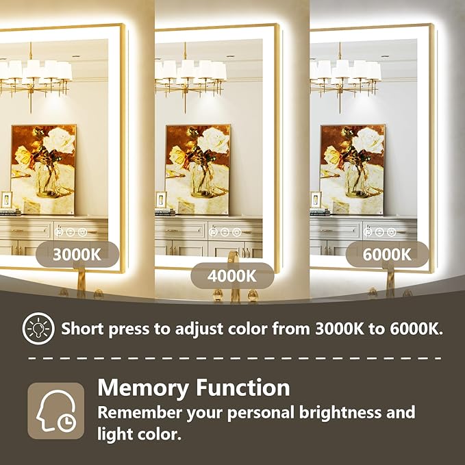 55x36 Inch LED Bathroom Mirror with Lights (Front Lit and Backlit) Gold Framed Lighted Vanity Mirror for Bathroom Wall Dimmable Anti-Fog Memory Tempered Glass Horizontal/Vertical