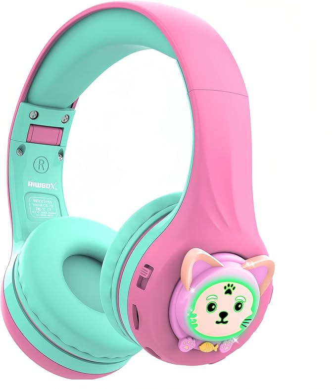 Riwbox CB-7S Kids Wireless Headphones,with Safe Volume Control 74/85/95dB,LED Glow Lights,50H Playtime,Bluetooth V5.3,Built-in Mic, TF Card Slot,for Travel/School/Phone/Laptop (Pink&Green)