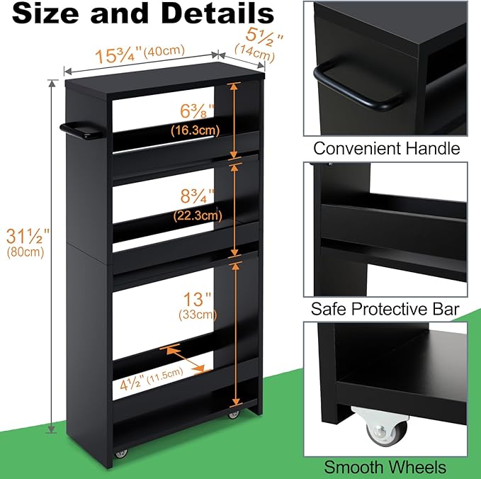 MARTY Slim Rolling Storage Cart 4-Tier Kitchen Cart with Wheels, Laundry Room Storage with Handle Slide Out Utility Cart Shelving Unit Organizer Trolley for Narrow Places Bathroom Small Corner, Black