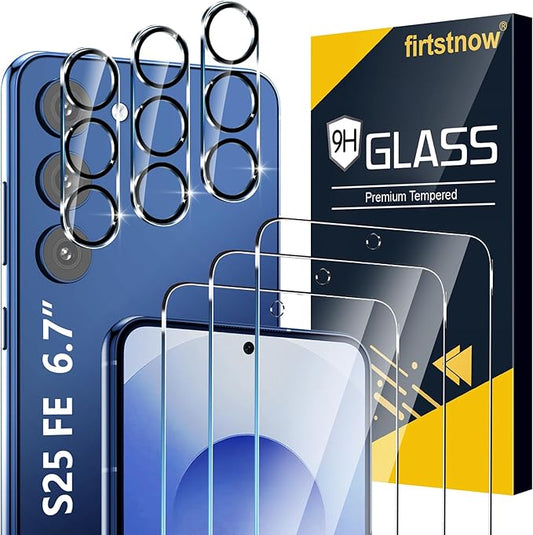 3 Pack for Samsung Galaxy S25 FE Screen Protector Tempered Glass + 3 Pack Camera Lens Protector, Military Grade Shatterproof, 9H Hardness, Fingerprint Unlock, Case Friendly 6.7 Inch