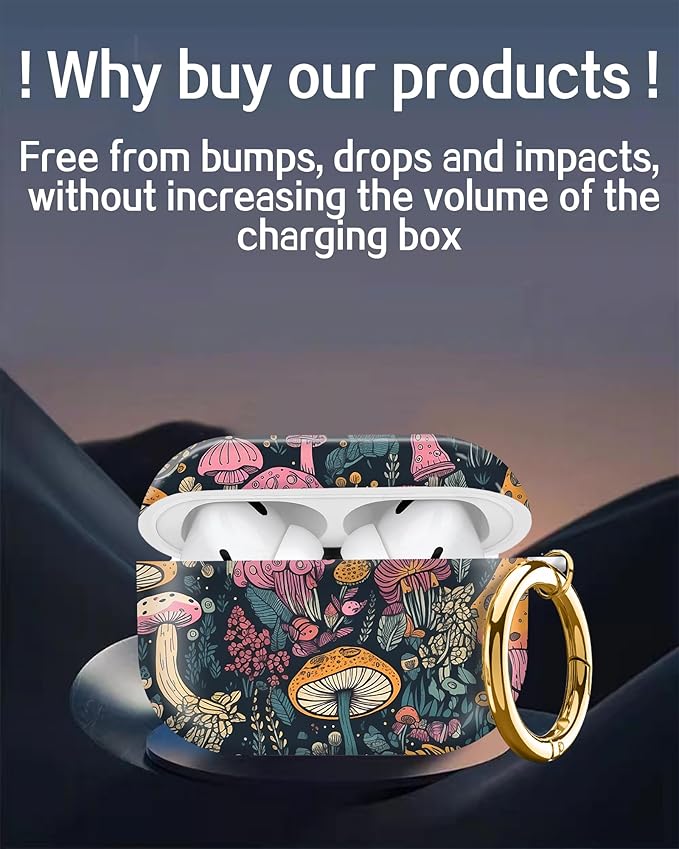 Cute Hard Case Compatible with AirPods Pro 2nd/1st Generation, Protective Cover with Golden Keychain, Fits 2023/2022/2019 Models, for Women, Girls, and Men(Boho Mushroom