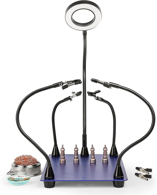 Helping Hands Soldering Station Kit with Magnifying Lamp, Fixed Arms, Brass Sponge Cleaner & Desoldering Wick, Third Hand Soldering Tool for PCB Repair, Electronics Assembly & Projects
