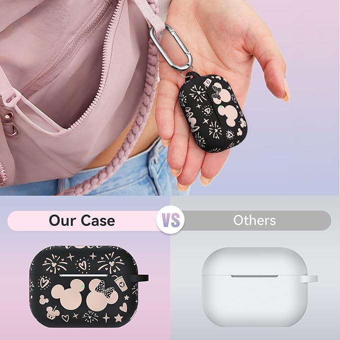 Compatible with Airpods Pro 2nd/1st Generation Case Cover with Keychain, Women Men Soft Silicone Two-Tone Cute Cartoon Engraved Convenience Protective Case, Front LED Visible Black/Pink
