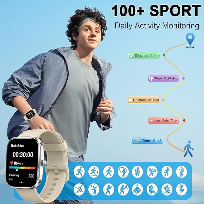Smart Watch(Answer/Make Call), 1.91" Smartwatch for Men Women, 2026 New Fitness Watch with 110+ Sport Modes, Fitness Activity Tracke with Pedometer/Sleep Monitor/Heart Rate/IP68, Silver-Beige