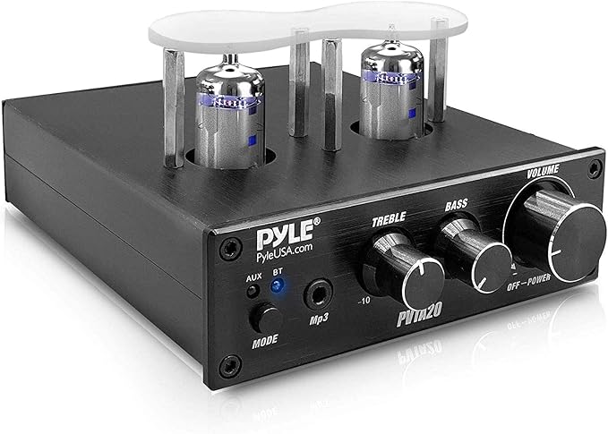 Pyle Bluetooth Tube Amplifier Stereo Receiver - 600W Home Audio Desktop Stereo Vacuum Tube Power Amplifier Receiver w/ 2 Vacuum Tubes, AUX/MP3/Microphone Inputs, Pure Copper Speaker Output - PVTA20
