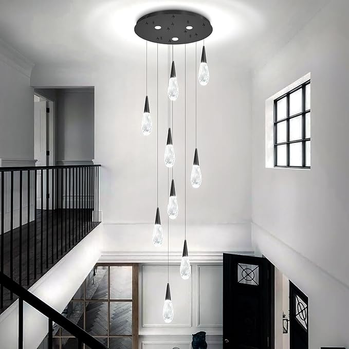 H98 Modern Chandelier for Stairway 9-Lights Crystal Raindrop Chandelier Black Pendant Light for Staircase Living Room Entryway LED Dimmable High Ceiling Chandeliers with Remote