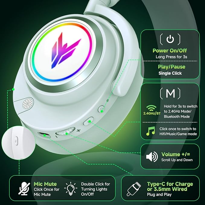 Wireless Gaming Headset for PS5 PS4 PC Switch Mac - 2.4GHz USB/Type-C & Bluetooth 5.4 RGB Headphones with 100H Battery, 7.1 Surround Sound, Noise Cancelling Mic & 3 Audio Modes (HiFi/Music/Game)