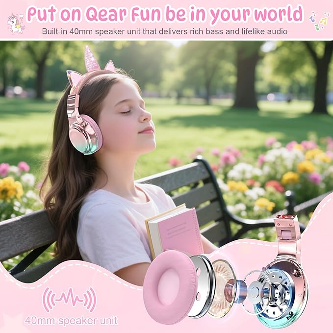 QearFun Kids Unicorn Bluetooth Headphones, 60H Playtime, 74/85/94dB Safe Volume Limit, Metallic Gradient Wireless Headset with Mic, Fast Charging, Foldable, Wired Mode for Girls School/Tablet/Travel