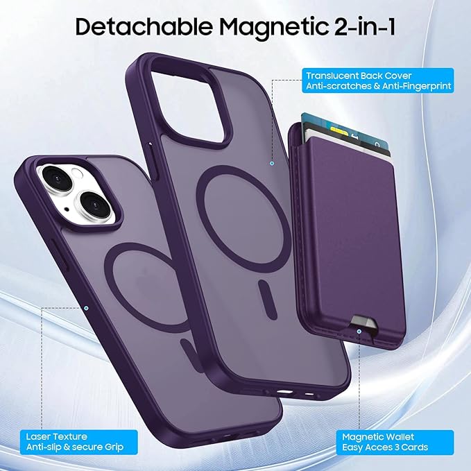 Magnetic for iPhone 14 Case & iPhone 13 Case with Card Holder, Compatible with MagSafe, Slim Shockproof Phone Cover with Detachable Wallet, Built-in Magnet Ring, Purple