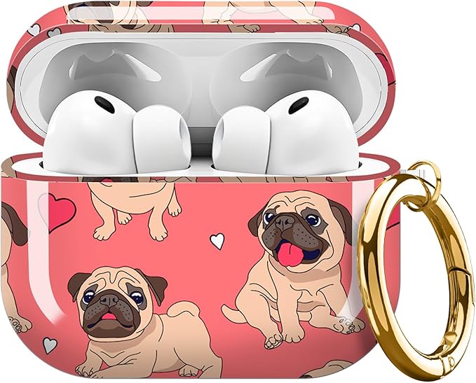 Compatible with AirPods Pro 3 Case 2025 for Women Girls – Cute Shockproof Protective Cover with Gold Round Buckle, Anti-Drop Soft Case for AirPod Pro 3rd Gen (Animated Pug Dog Red Heart)