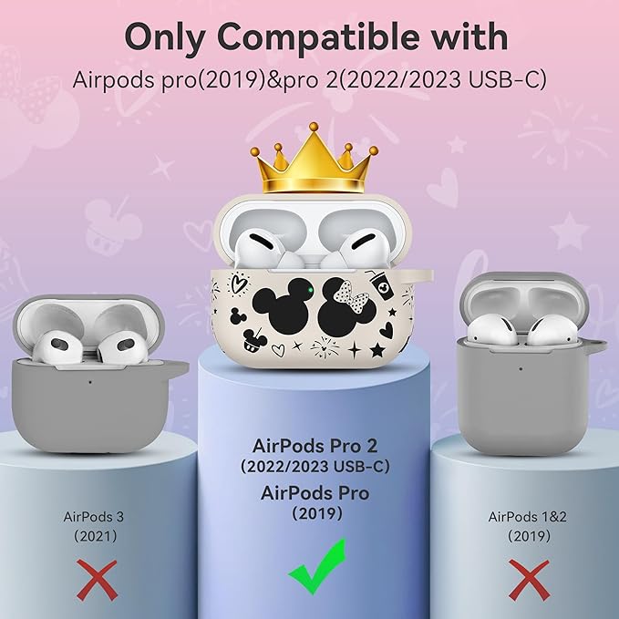 Compatible with Airpods Pro 2nd/1st Generation Case Cover with Keychain, Women Men Soft Silicone Two-Tone Cute Cartoon Engraved Convenience Protective Case, Front LED Visible Starlight/Black