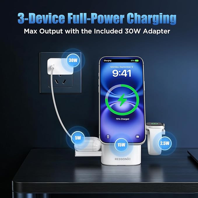 3 in 1 Wireless Charging Station for iPhone 17/16/15/14/13/12 Pro Max, Qi 2 Certified 15W Fast Magnetic Charger Stand for Magsafe Phone, AirPods, Smart Watch (White Color)