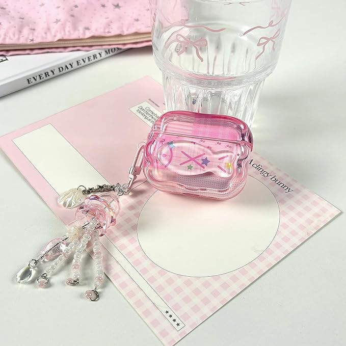 Compatible with AirPods Pro Case with Cleaner Kit, Cute Cartoon Fish Star Keychain Soft TPU Shockproof Cover for Airpods Pro 2nd/1st Generation -Pink