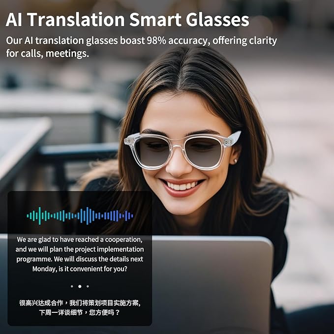 AI Smart Glasses, Bluetooth AI Translation Glasses for Men Women, Smart Audio Sunglasses with AI Translation (160+Languages), Photochromic Lenses, Music Blue Light Glasses for Travel Business-Pink