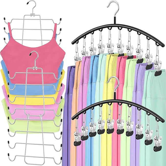 TomCare 4 Pack Space Saving Hangers，2Pack Tank Top Hanger and 2Pack Leggings Organizers for Closet Pants Hangers with 20 Clips Bra Organizers with 16 Hooks Stainless Steel Hanging Closet Organizer