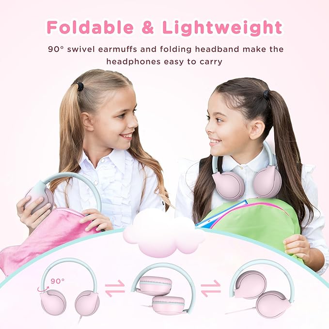 weneed Kids Headphones Wired with Microphone, Over Ear 85/94dB Volume Limited Headphones with Share Port, Stereo Sound Foldable Headset for Teens/Boys/Girls
