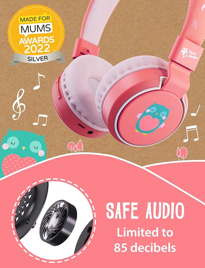 Planet Buddies Kids Headphones, Foldable Wireless On Ear Bluetooth Headphones for Kids with Microphone, 85dB Volume Limiter, Cute Owl Kids Earphones for Tablets and Phones, Travel, School & Music